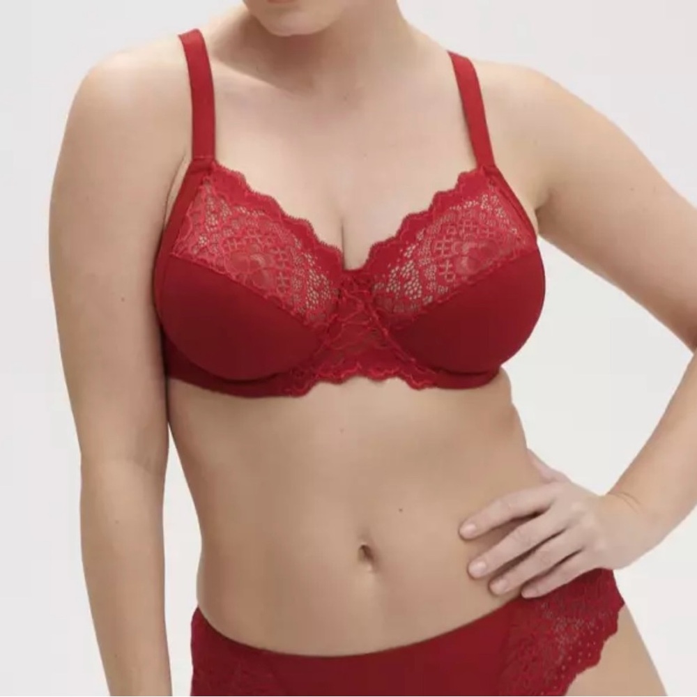 Simone Perele Caresse Full Cup Cotton Lined Red Lace Women's Bra Sz 36 F